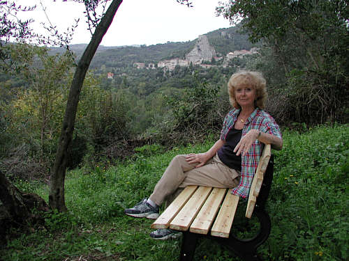 Teddie relaxes and enjoys the view from our new bench
